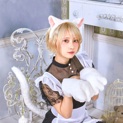 もふもふアニマルセット 白ねこ 手袋 カチューシャ しっぽ＞900214